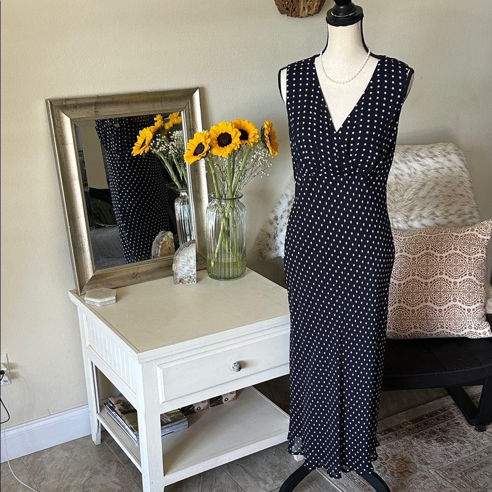 Style & Co. vtg navy polkadot chiffon feminine slip classic midi dress 8​